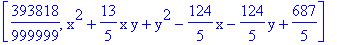 [393818/999999, x^2+13/5*x*y+y^2-124/5*x-124/5*y+687/5]